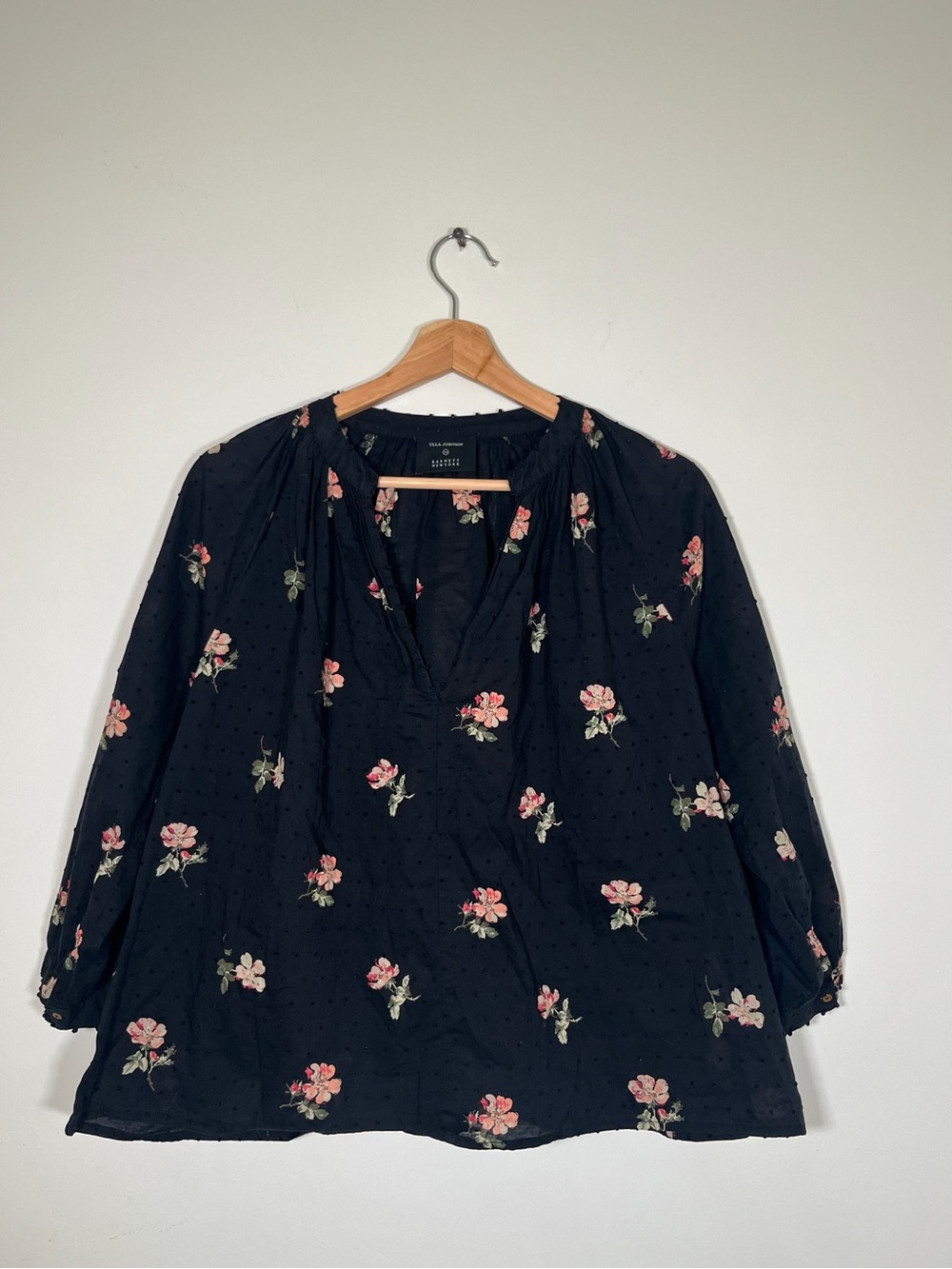 Ulla Johnson Swiss Polka Dot Black Floral V-Neck Popover Blouse Boho Ren Fair